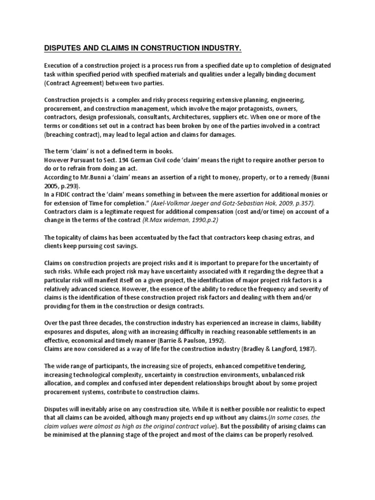 Disputes And Claims In Construction Industry Pdf Procurement Risk