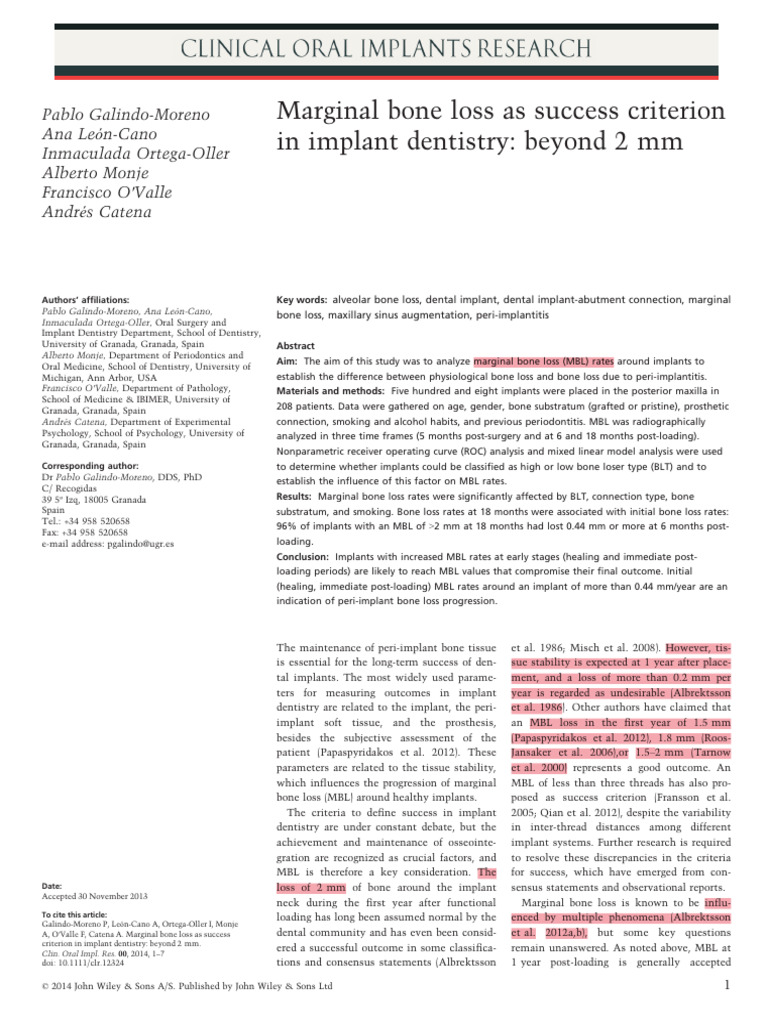 Marginal Bone Loss in Implant Dentistry | PDF | Dental Implant ...