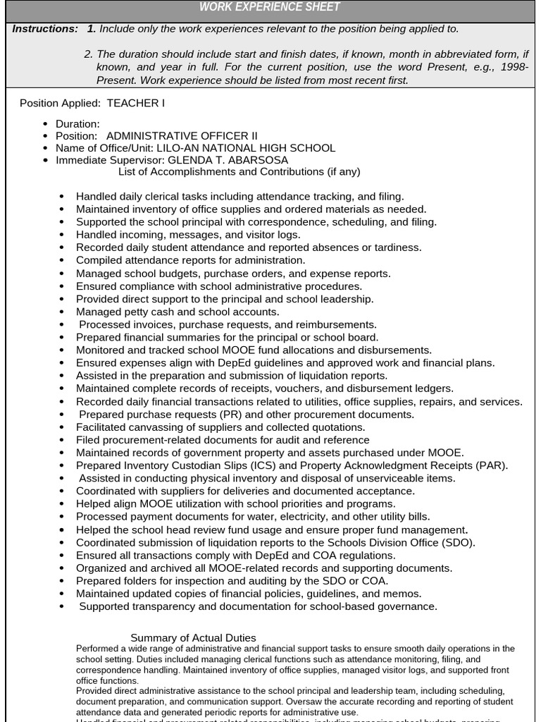Teacher I Work Experience Overview | PDF | Business