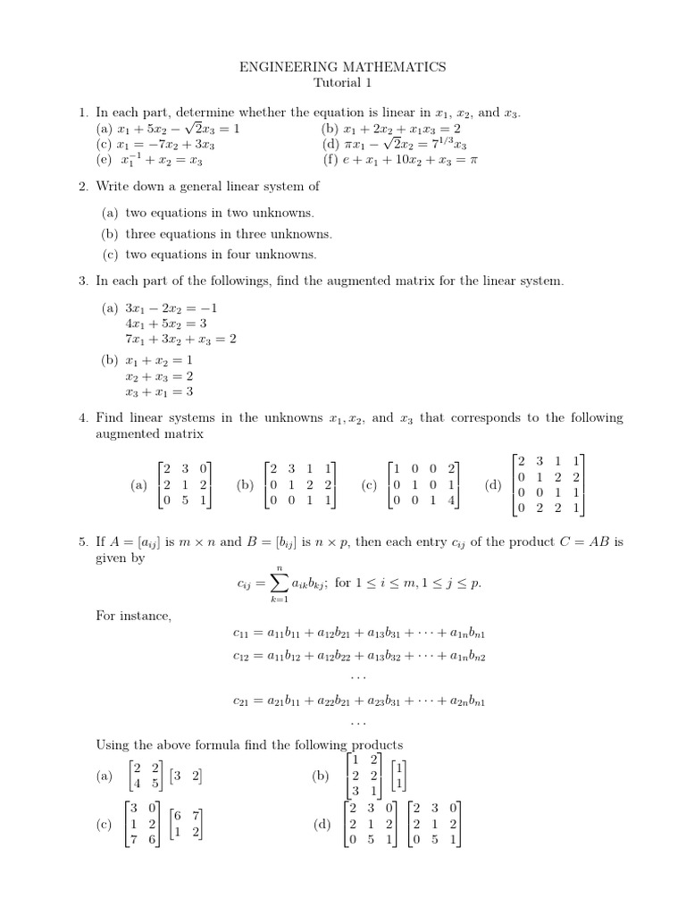Engineering Mathematics Tutorial 1 | PDF | System Of Linear Equations ...