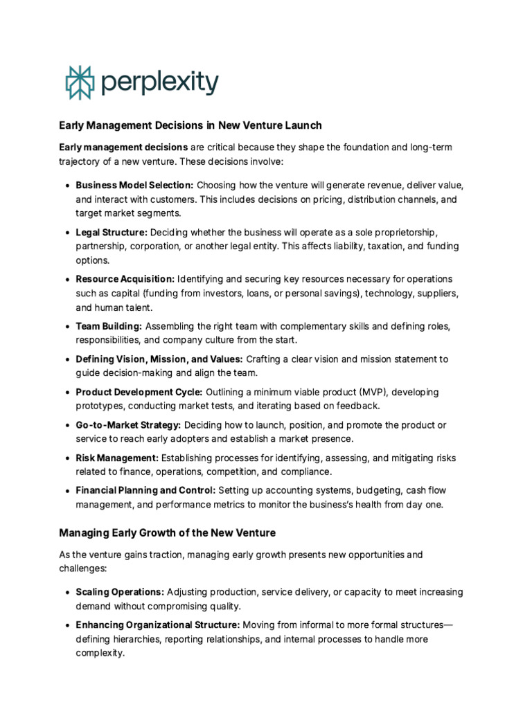Early Management Decisions in New Venture Launch | PDF | Social ...