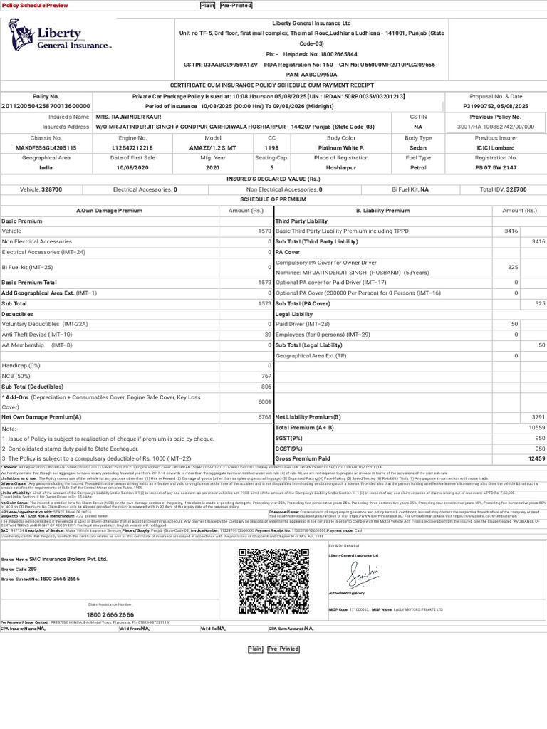 SMC Broker Insurance Policy Schedule | PDF | Insurance | Vehicles