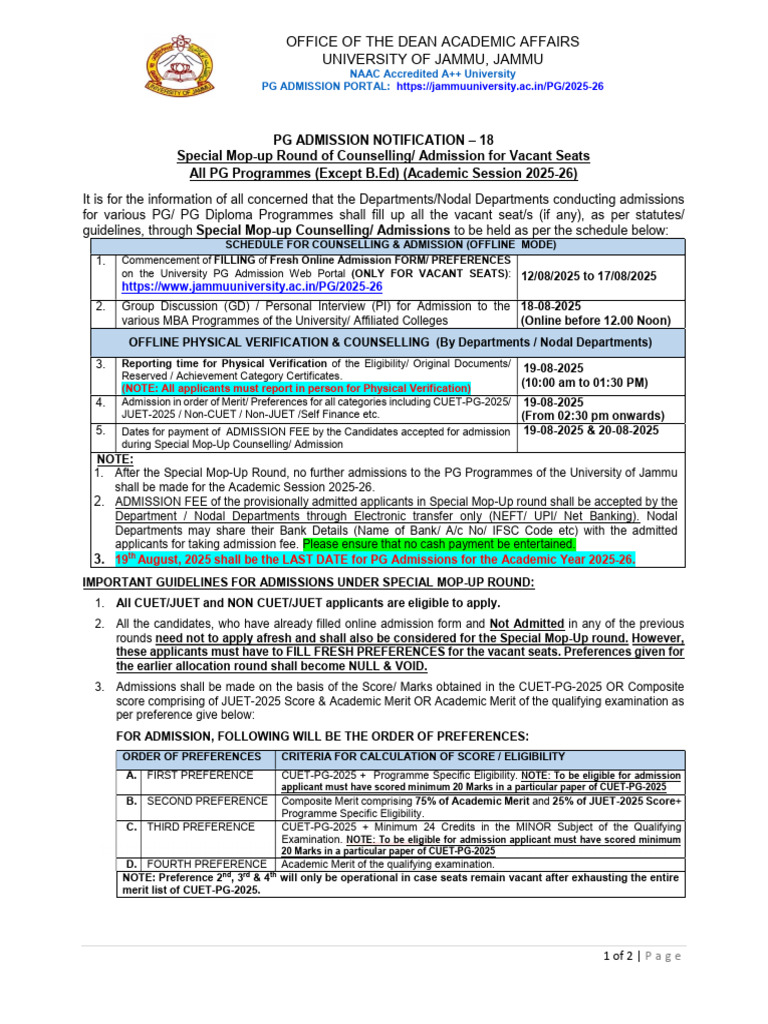PG Admission Notification 2025-26 | PDF