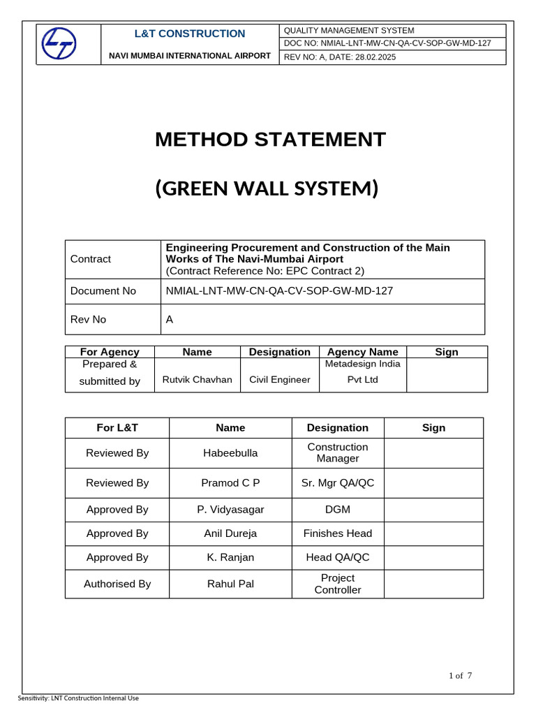 Green Wall Installation Method Statement | PDF | Screw | Quality Assurance