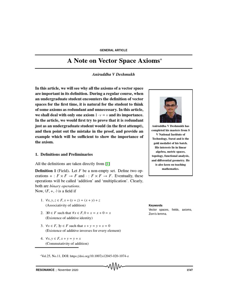Importance of Vector Space Axioms | PDF | Set (Mathematics) | Basis ...