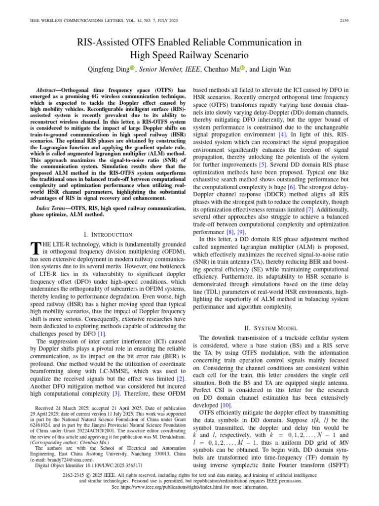 RIS-OTFS for High-Speed Railway Communication | PDF | Orthogonal ...