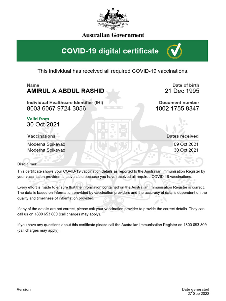 Amirul A Abdul Rashid Covid-19 Digital Certificate 20220927 | PDF