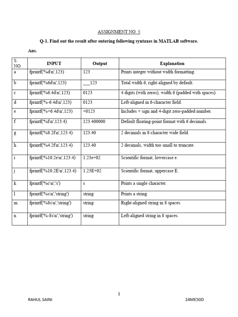 MATLAB fprintf Syntax and Examples | PDF | Fahrenheit | Matrix ...