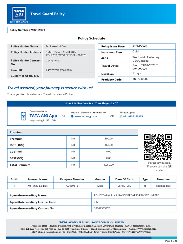 TATA AIG Travel Guard Policy Details | PDF | Insurance | Financial Services