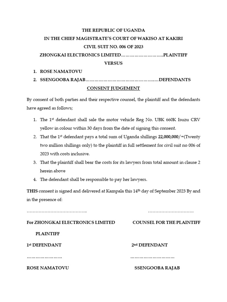 Consent Judgment in Uganda Civil Suit 2023 | PDF | Practice Of Law ...