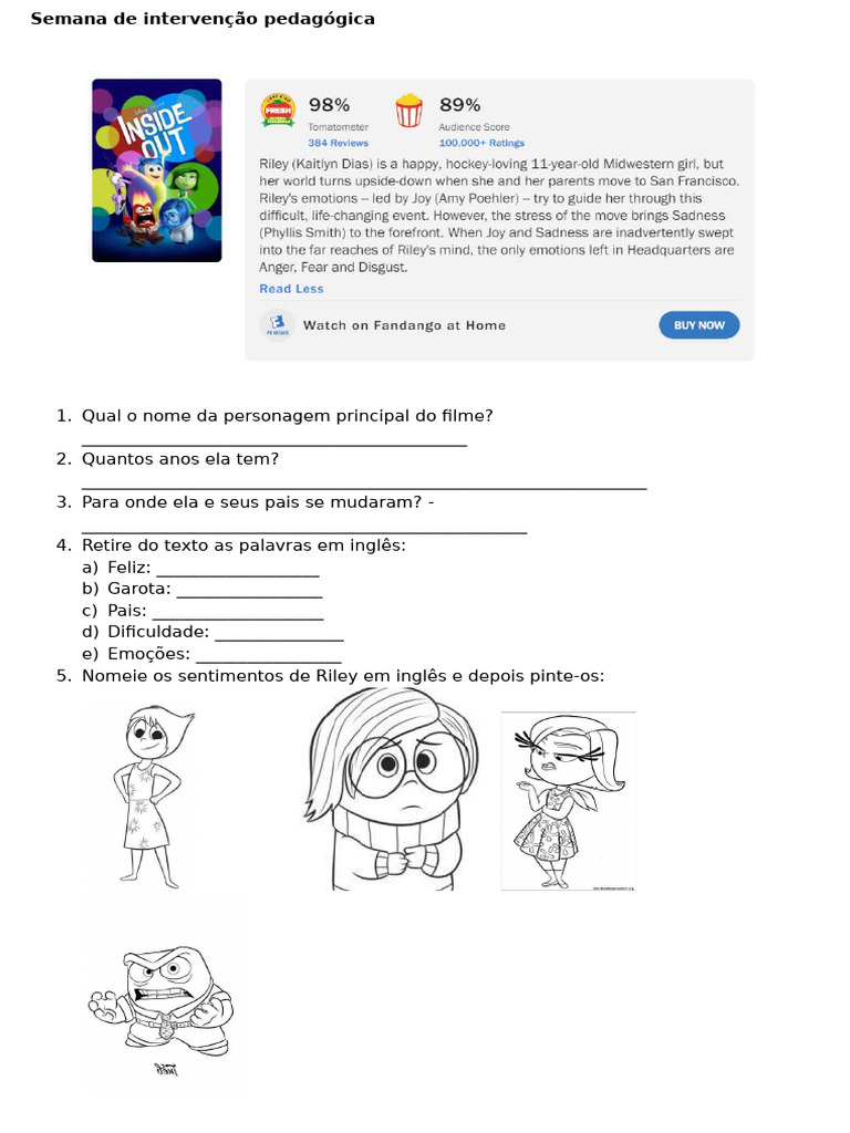 Atividades sobre o filme "Divertida Mente" | PDF