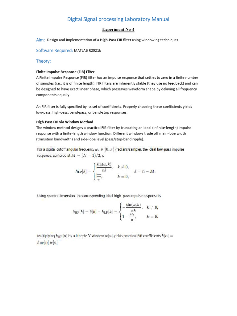 High-Pass FIR Filter Design in MATLAB | PDF | Digital Signal Processing ...