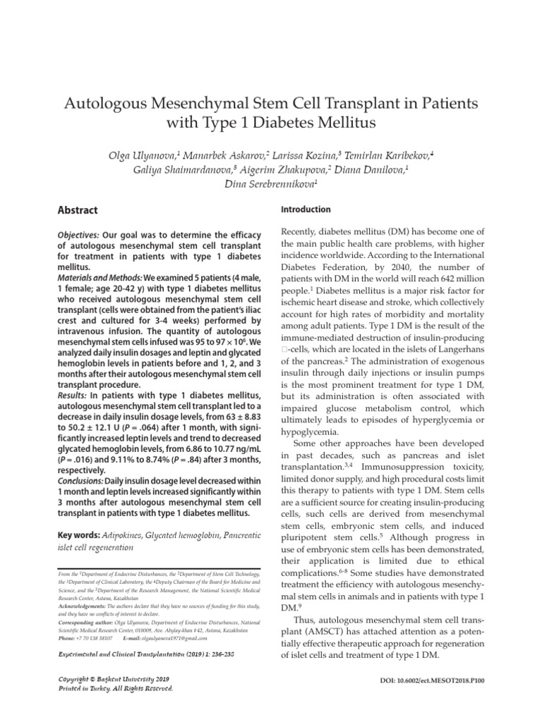 Autologous Mesenchymal Stem Cell Transplant in Patients With Type 1 ...