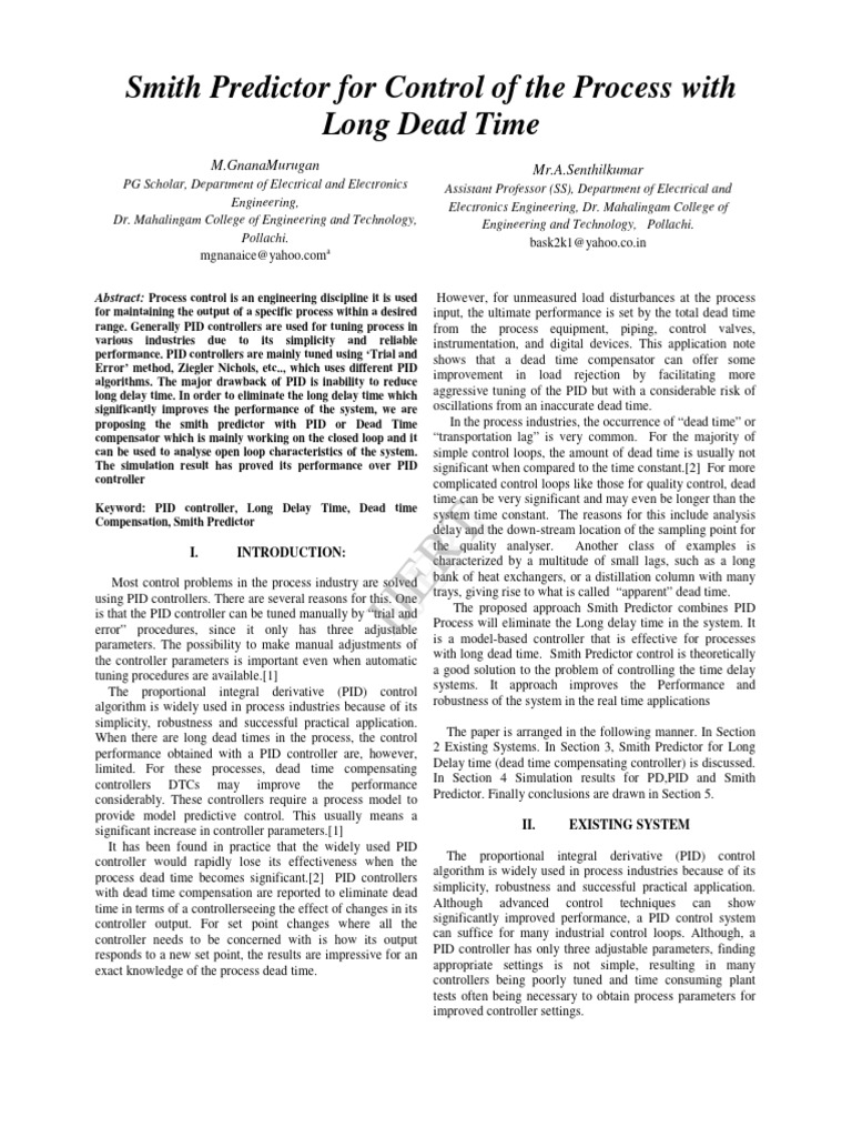 Smith Predictor For Control of The Process With Long Dead Time ...