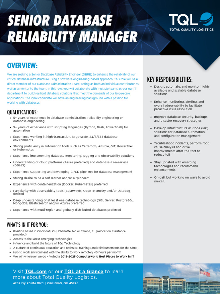 Senior Database Reliability Engineer Role | PDF | Databases | Computing