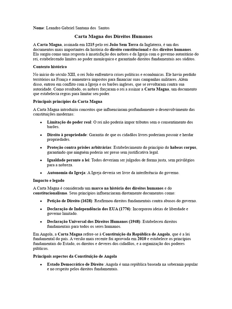 A Importância da Carta Magna dos Direitos Humanos | PDF | Carta Magna ...