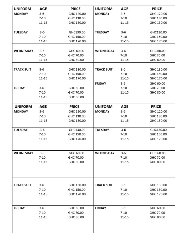 School Uniform Pricing by Age | PDF