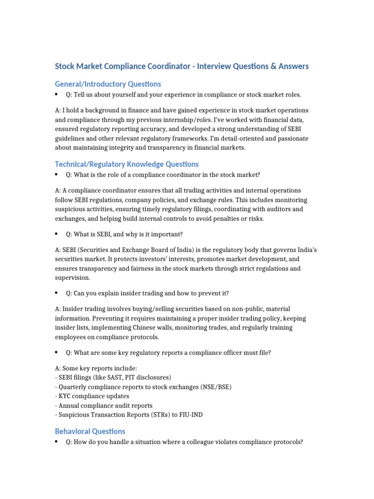 Stock Market Compliance Coordinator Interview QA | PDF | Regulatory  Compliance | Insider Trading