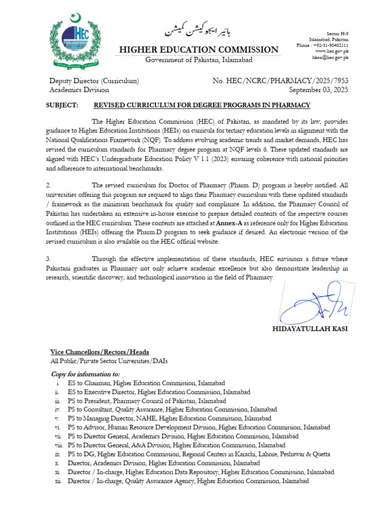 Revised Pharmacy Curriculum 2025 HEC | PDF | Pharmacy | Metabolism