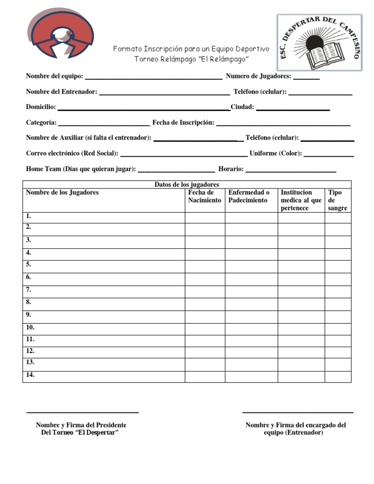 Formato Inscripción para un Equipo Deportivo