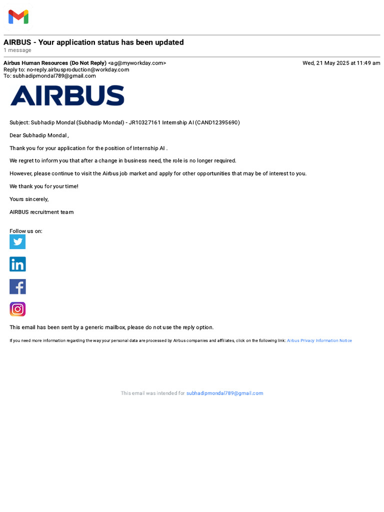 Airbus Application Status Update | PDF