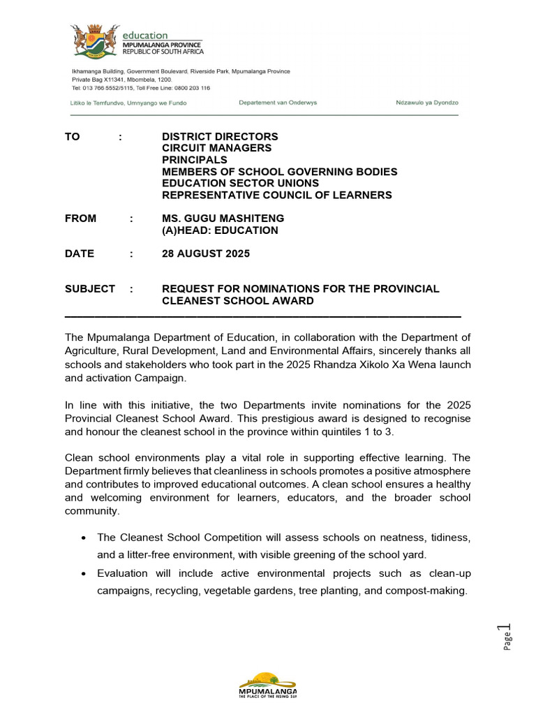 Nominations for Cleanest School Award | PDF | Teachers