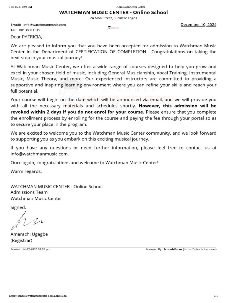 Watchman Music Center Admission Letter | PDF