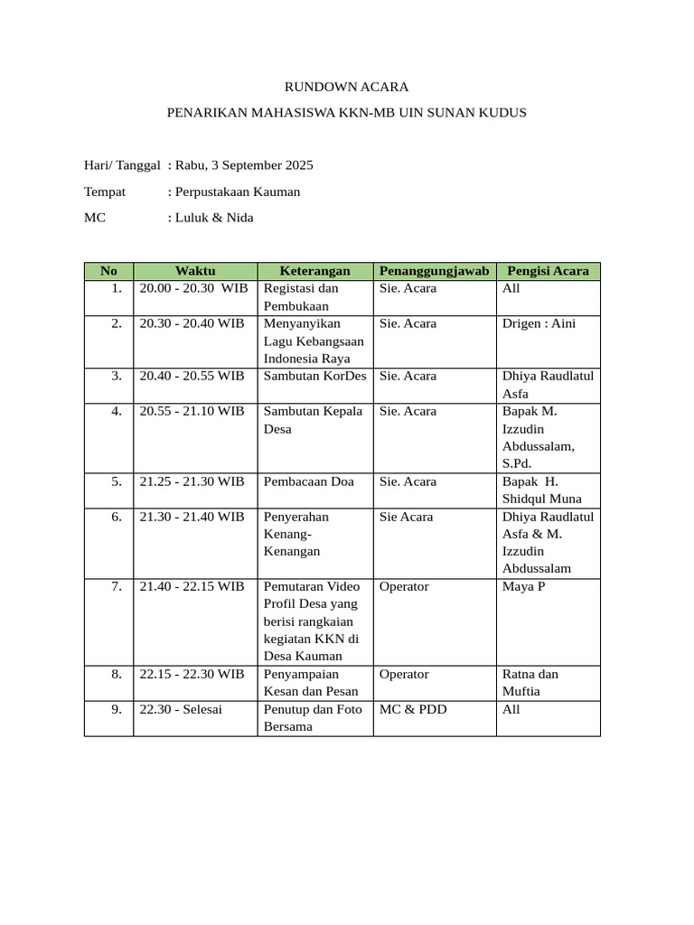 RUNDOWN ACARA PELEPASAN KKN RVS-1 | PDF