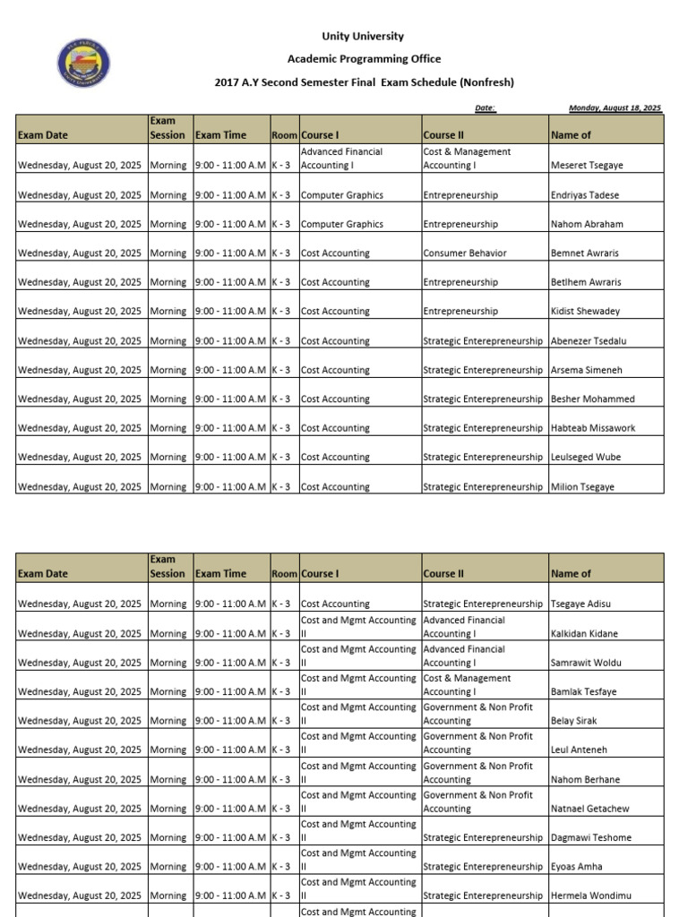 2025 Final Exam Schedule for Courses | PDF | Mathematics | Critical ...