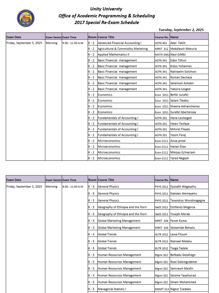 2025 Exam Schedule for Unity University | PDF | Science | Mathematics