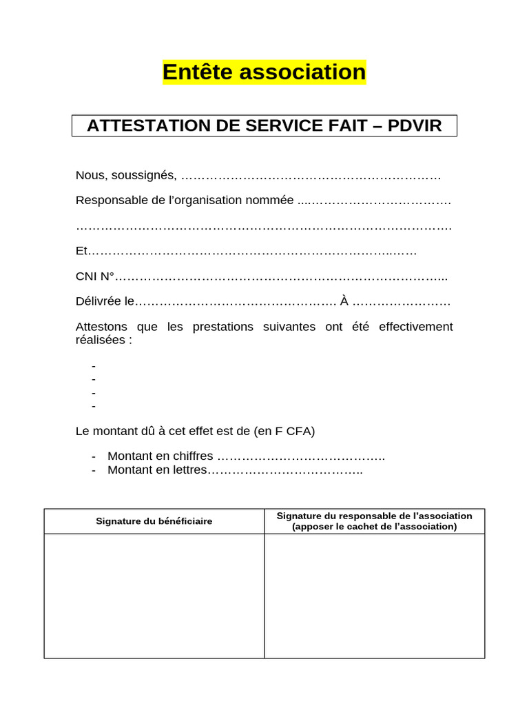 Modèle d'attestation de service fait | PDF