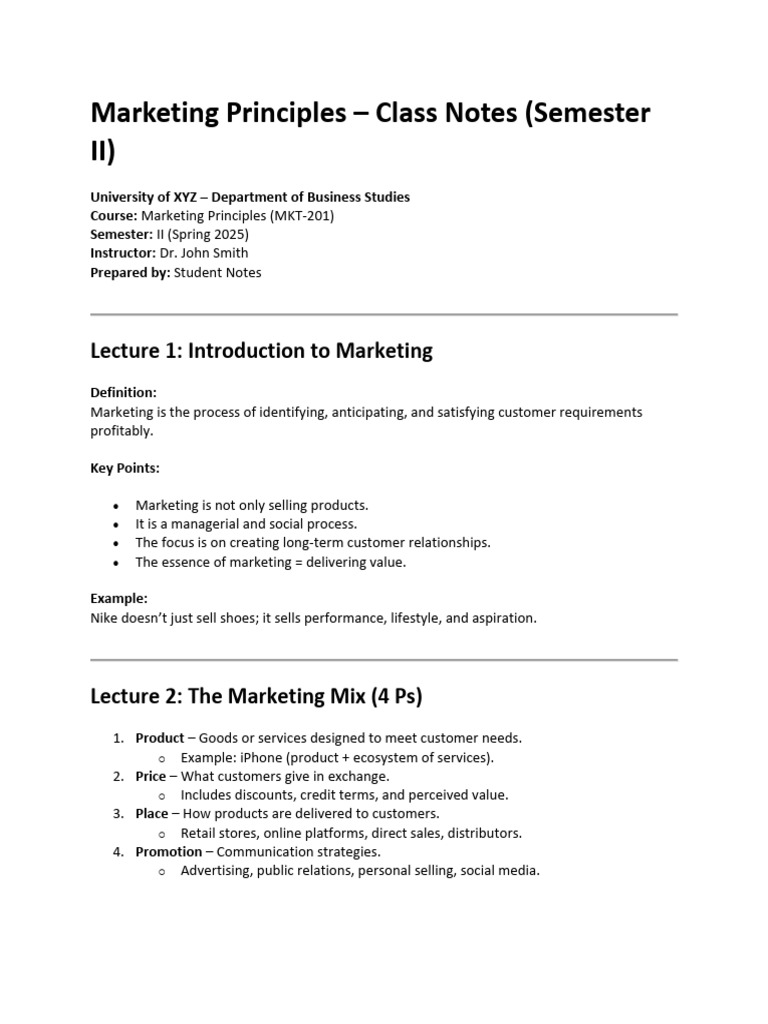 Marketing Principles Class Notes | PDF | Marketing | Brand
