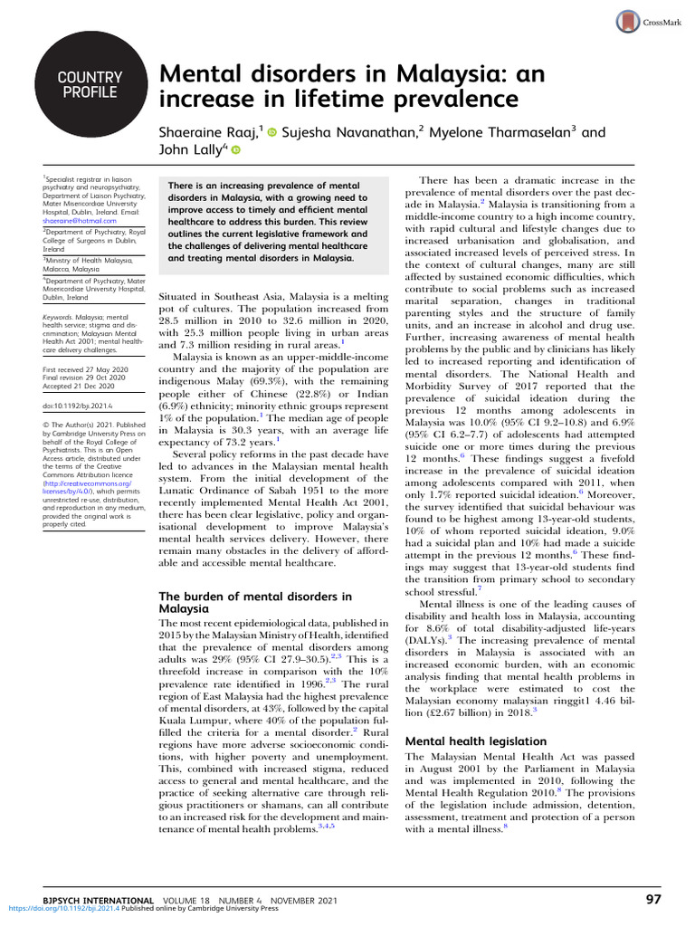 Mental Disorders in Malaysia An Increase in Lifetime Prevalence | PDF ...