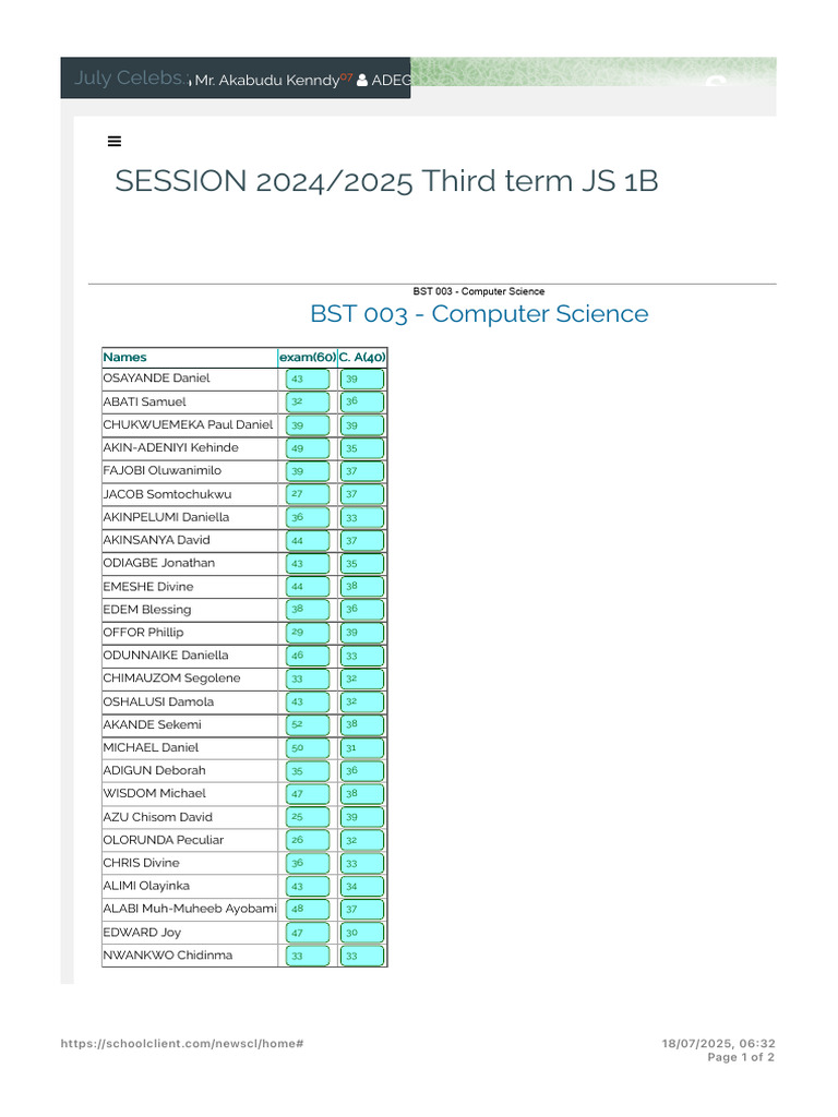 JS 1B Computer Science Exam Results 2024 | PDF