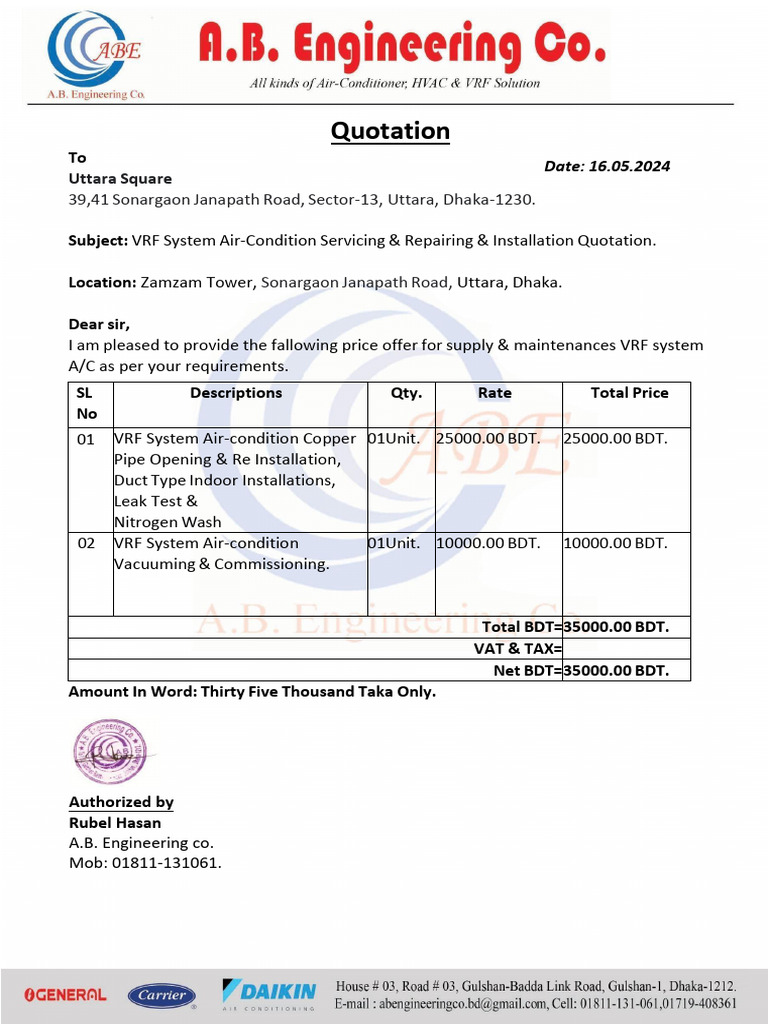AB Engineering Quotation For Uttara Square. PDF