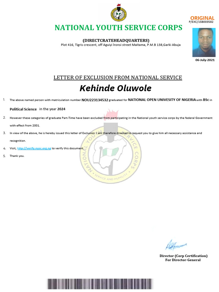 NYSC Exemption Letter Details | PDF