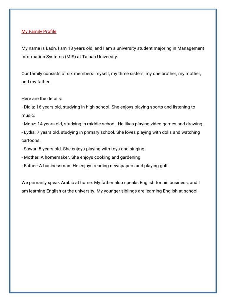 My Family Profile Overview | PDF
