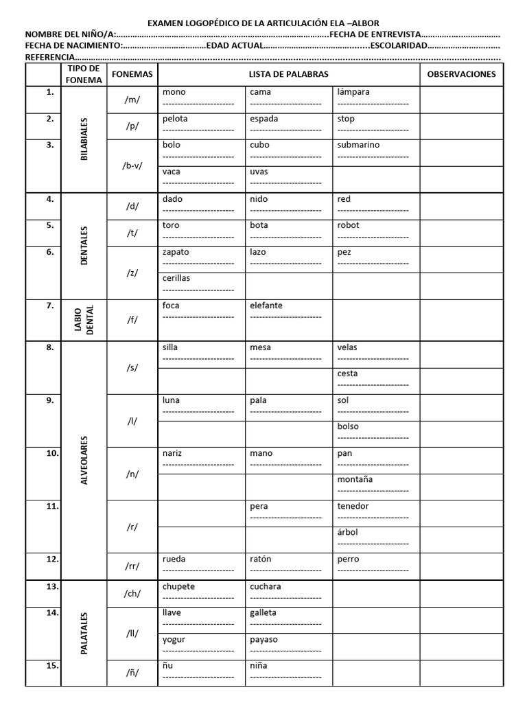 Examen Logopédico de Articulación ELA | PDF