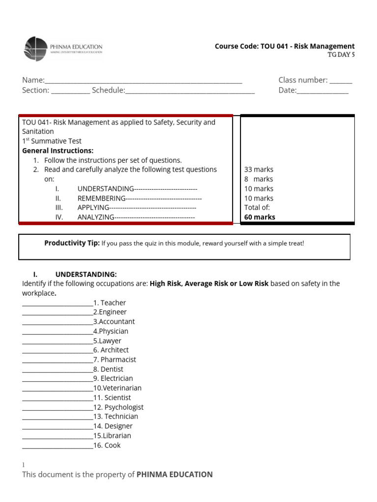 TOU 041 Risk Management Test Guide | PDF | Risk | Hazards