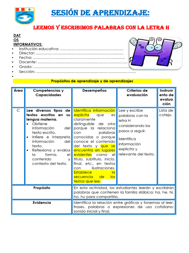 1° Sesión Día 1 Com Leemos y Escribimos Palabras Con La Letra H | PDF ...