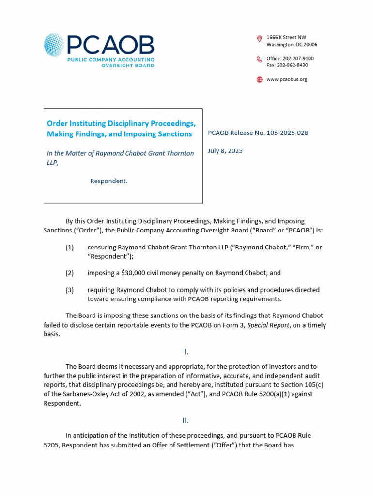 PCAOB Sanctions on Raymond Chabot | PDF | Money Order | Justice