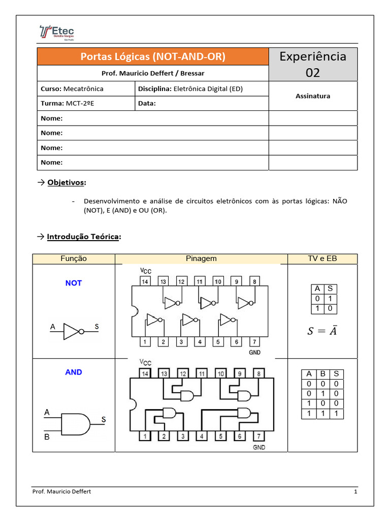 EXP 02 - Lógicas Not and or | PDF | Circuitos eletrônicos | Rede elétrica