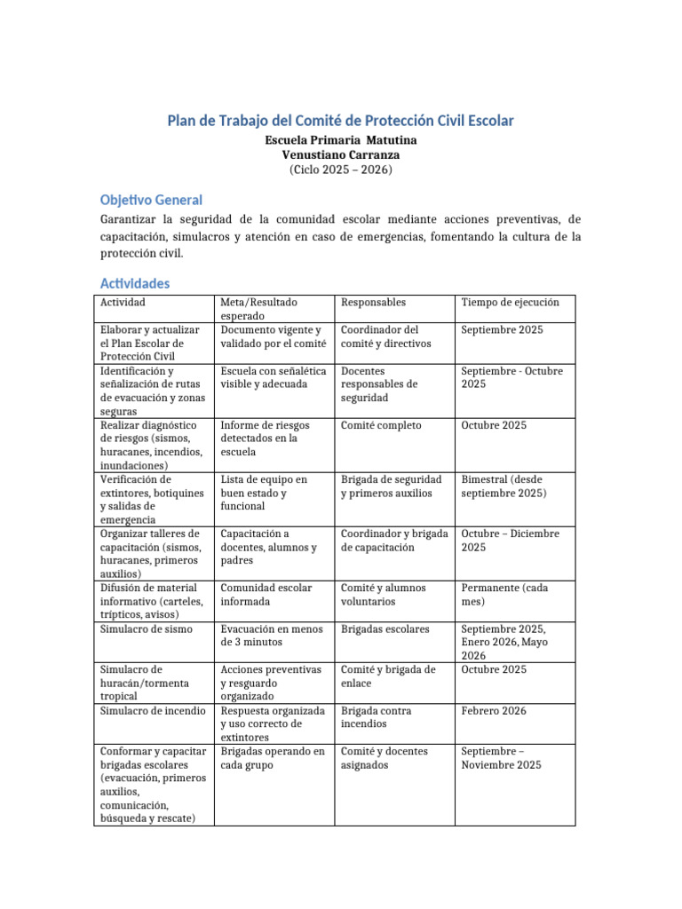 Plan de Protección Civil Escolar 2025-2026 | PDF | Defensa Civil