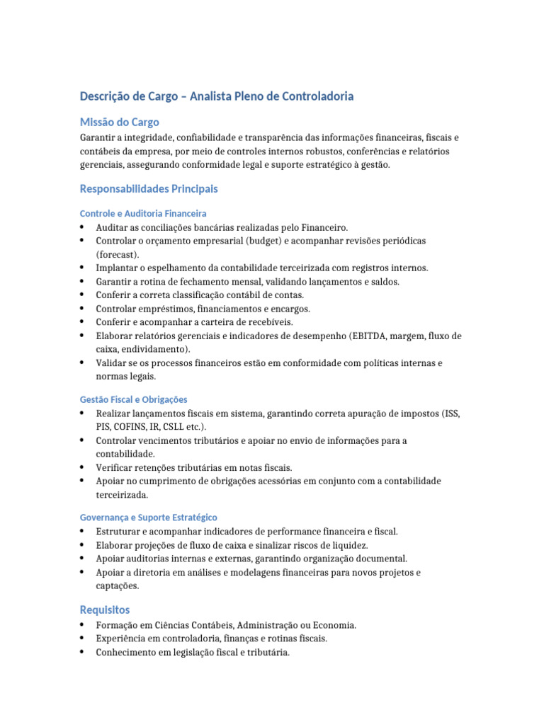 Vaga: Analista Pleno de Controladoria | PDF | Contabilidade | Orçamento