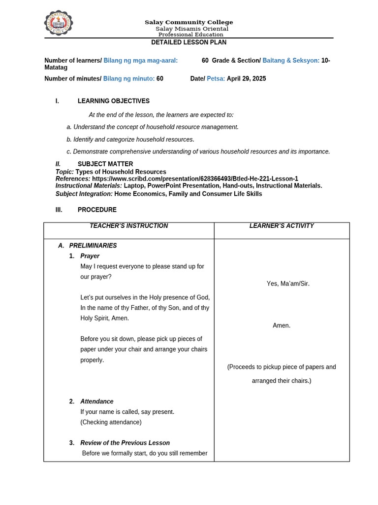 Types of Household Resources Lesson Plan | PDF | Lesson Plan | Learning