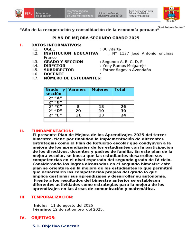 Plan de Mejora de Aprendizajes 2025 | PDF | Educación primaria ...