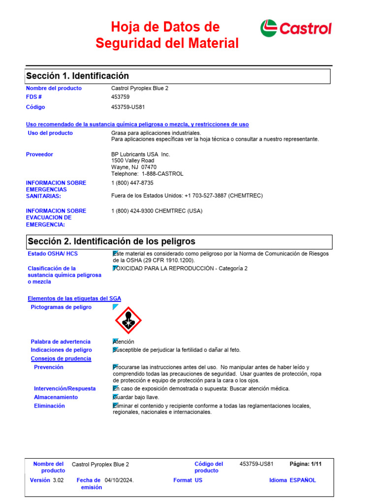 Hds - Castrol - Pyroplex Blue 2 | PDF | Administración de Seguridad y ...