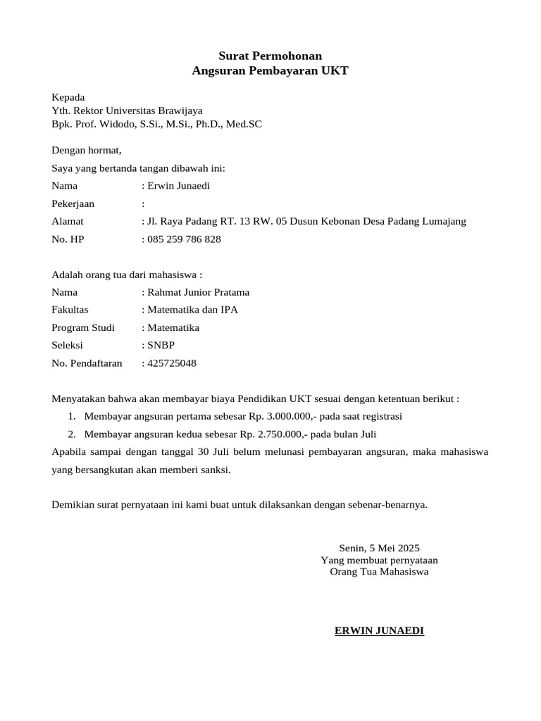Permohonan Angsuran Ukt Mahasiswa Ub Pdf 