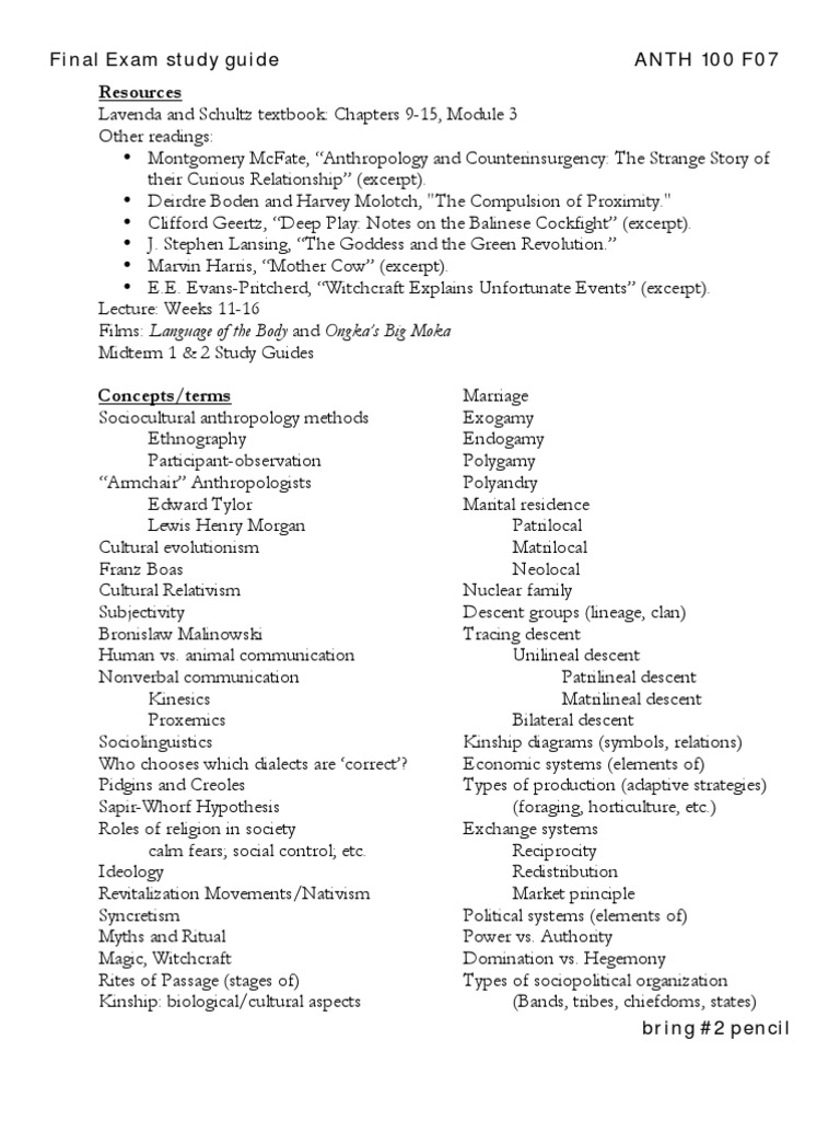 Final Exam Study Guide ANTH 100 F07 Resources | PDF