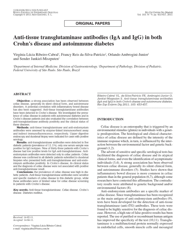 Anti Tissue Transglutaminase Antibodies Iga And Ig Pdf Coeliac 